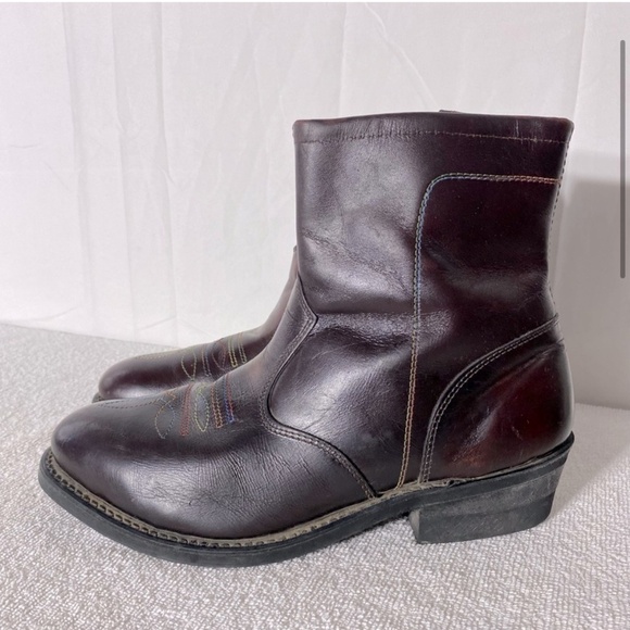 Vintage Burgundy Leather Western Style Round Toe Ankle Boots 7.5 - Picture 4 of 15